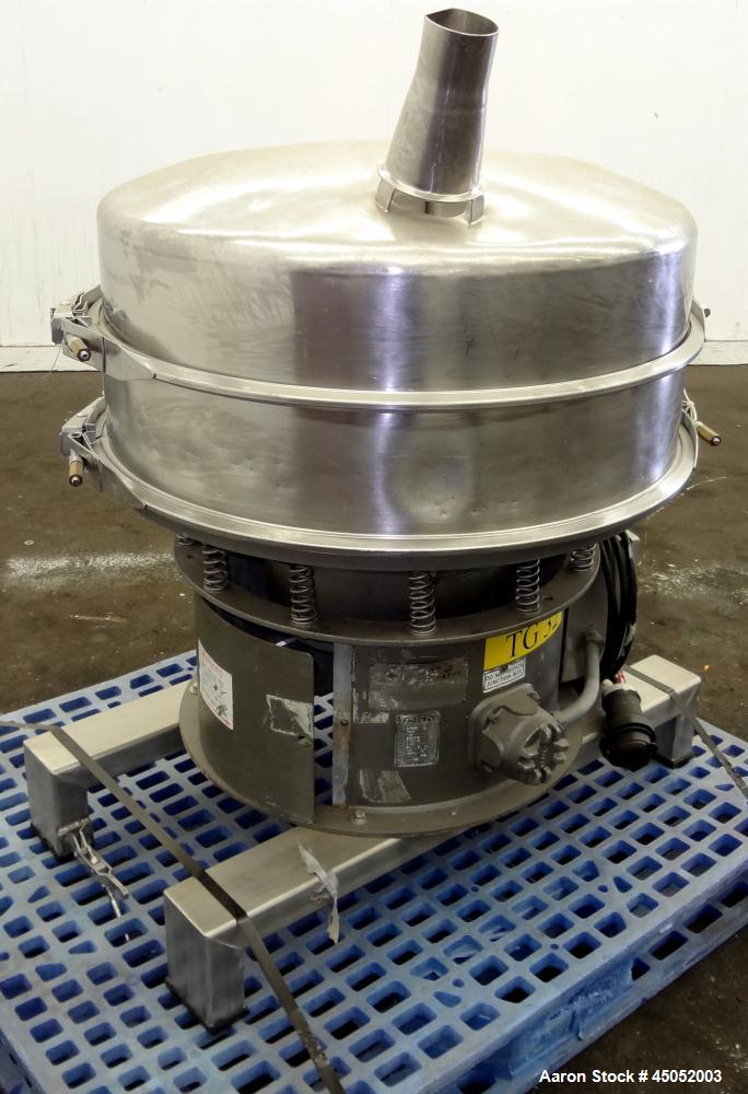 Used Sweco Screener, 30" Diameter, Model LS30S66, 316 Stainless Steel. Single deck, 2 separation, modified top cover. Driven by a 1/2hp, 3/60/220/440 volt, 1140 rpm motor. Mounted on a carbon steel b...