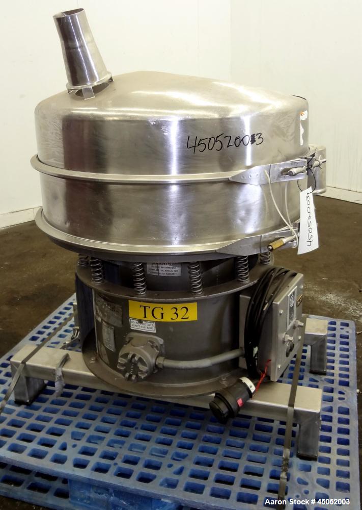 Used Sweco Screener, 30" Diameter, Model LS30S66, 316 Stainless Steel. Single deck, 2 separation, modified top cover. Driven by a 1/2hp, 3/60/220/440 volt, 1140 rpm motor. Mounted on a carbon steel b...