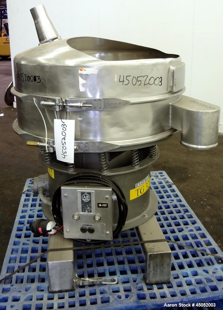 Used Sweco Screener, 30" Diameter, Model LS30S66, 316 Stainless Steel. Single deck, 2 separation, modified top cover. Driven by a 1/2hp, 3/60/220/440 volt, 1140 rpm motor. Mounted on a carbon steel b...