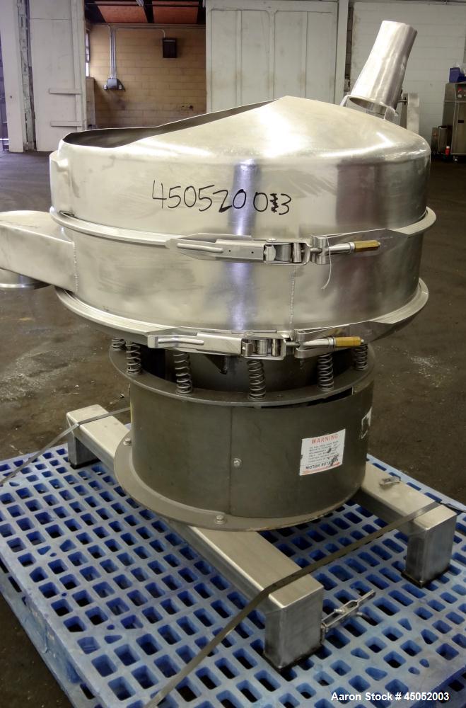 Used Sweco Screener, 30" Diameter, Model LS30S66, 316 Stainless Steel. Single deck, 2 separation, modified top cover. Driven by a 1/2hp, 3/60/220/440 volt, 1140 rpm motor. Mounted on a carbon steel b...