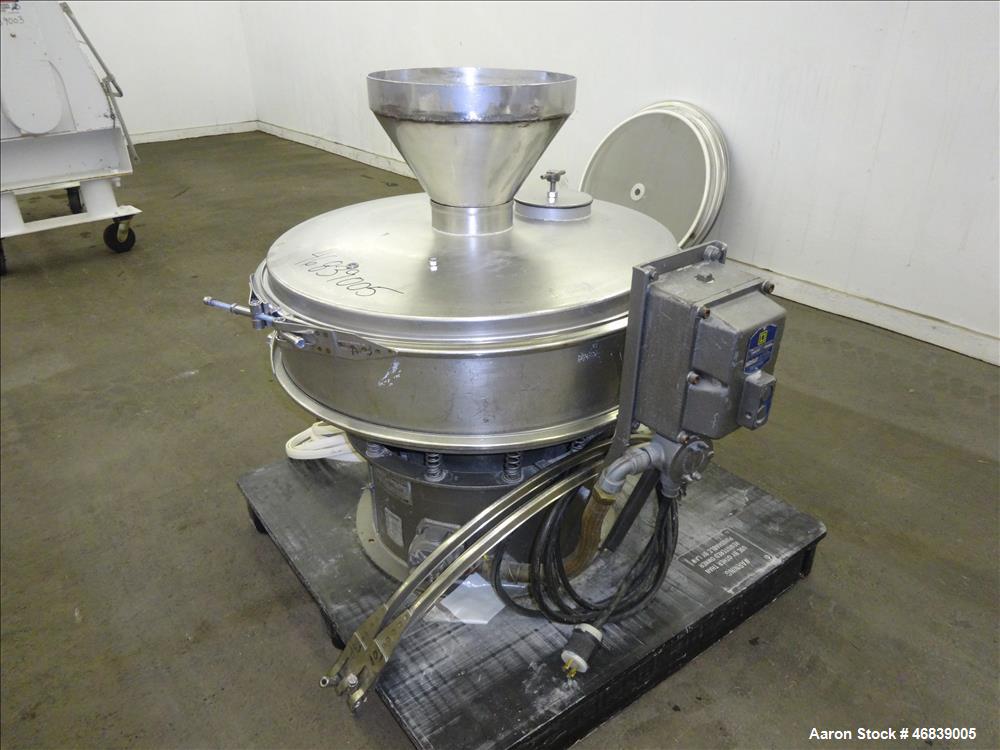 Used Sweco Separator, Model LS30S66, 316 Stainless Steel. 30" Diameter, single deck, 2 separation. Driven by a 1/2 hp, 3/60/440, 1140 rpm motor. 6" Diameter outlet. Bottom skirt mounted. Serial# LS30...