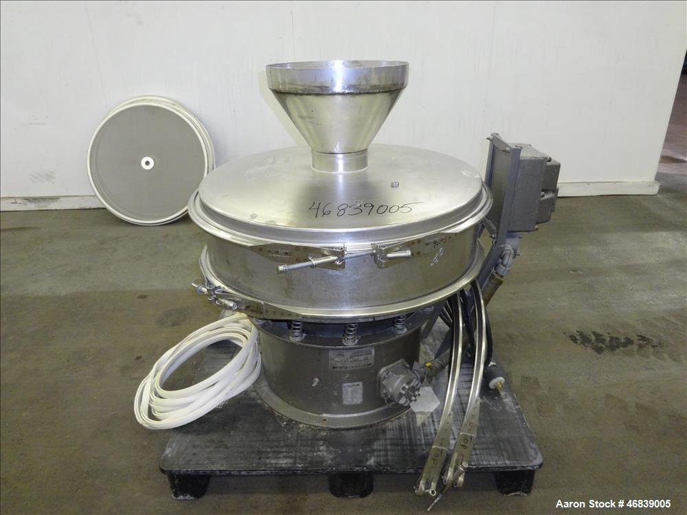 Used Sweco Separator, Model LS30S66, 316 Stainless Steel. 30" Diameter, single deck, 2 separation. Driven by a 1/2 hp, 3/60/440, 1140 rpm motor. 6" Diameter outlet. Bottom skirt mounted. Serial# LS30...