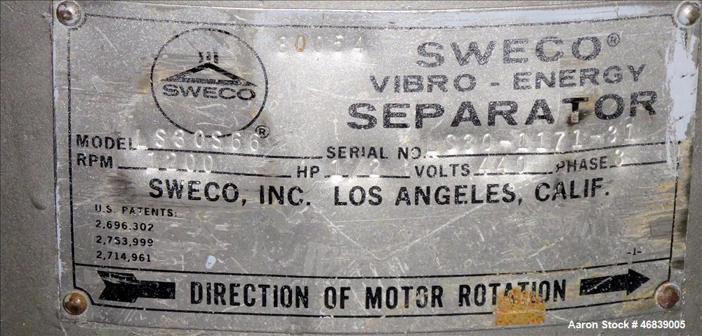 Used Sweco Separator, Model LS30S66, 316 Stainless Steel. 30" Diameter, single deck, 2 separation. Driven by a 1/2 hp, 3/60/440, 1140 rpm motor. 6" Diameter outlet. Bottom skirt mounted. Serial# LS30...
