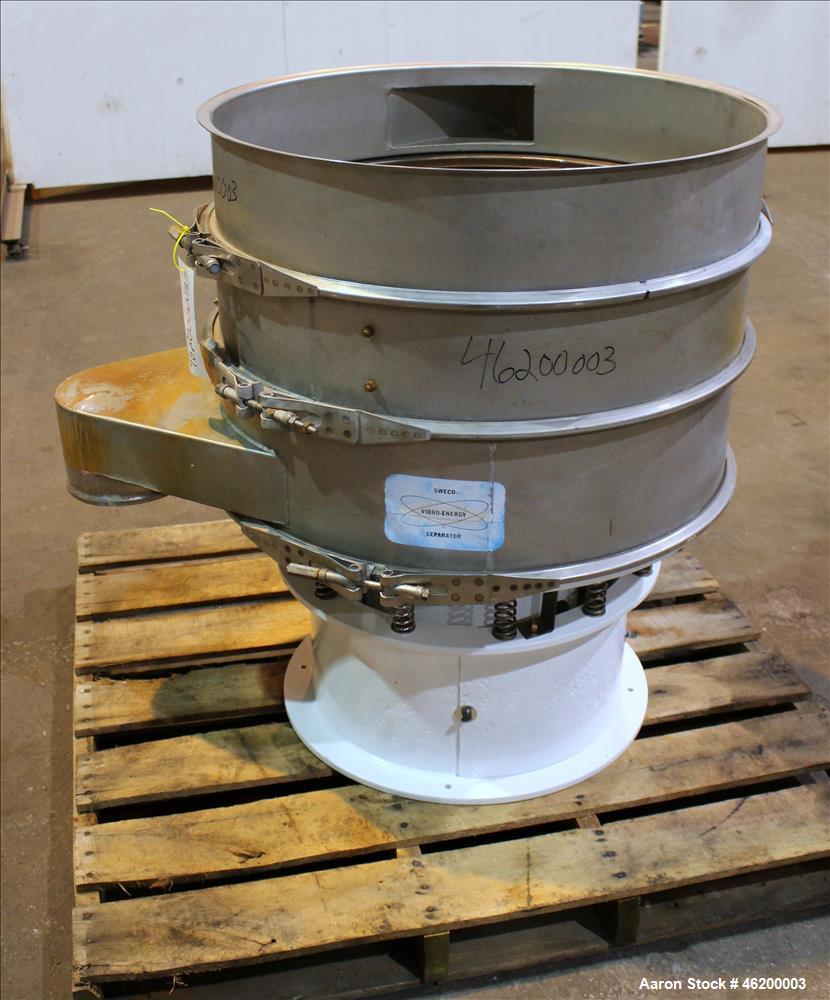 Used Sweco Screener, Model LS30S86, 316 Stainless Steel. 30" Diameter, double deck, 3 separation. No top cover. Driven by a 1/2hp, 3/60/440 volt, 1140 rpm motor. Mounted on a carbon steel base. Seria...