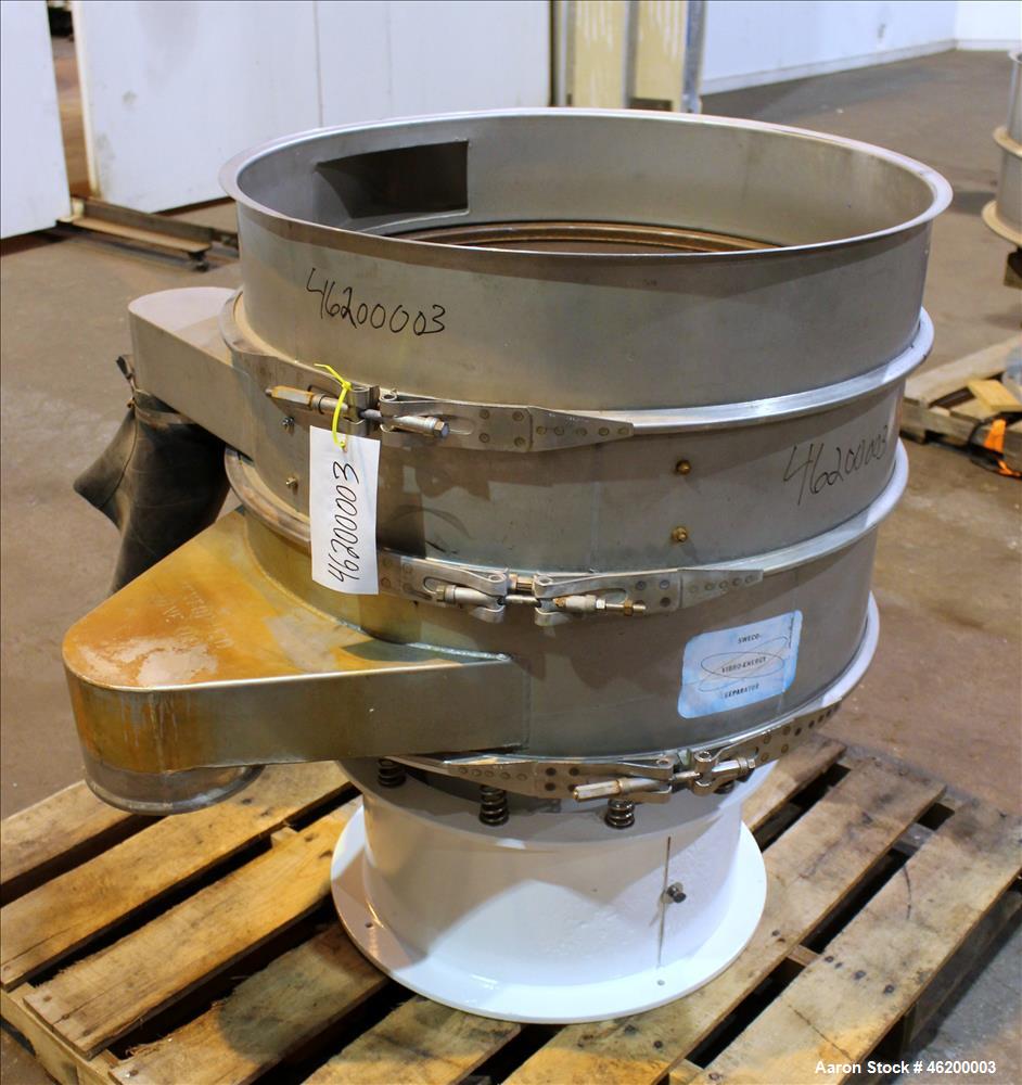 Used Sweco Screener, Model LS30S86, 316 Stainless Steel. 30" Diameter, double deck, 3 separation. No top cover. Driven by a 1/2hp, 3/60/440 volt, 1140 rpm motor. Mounted on a carbon steel base. Seria...