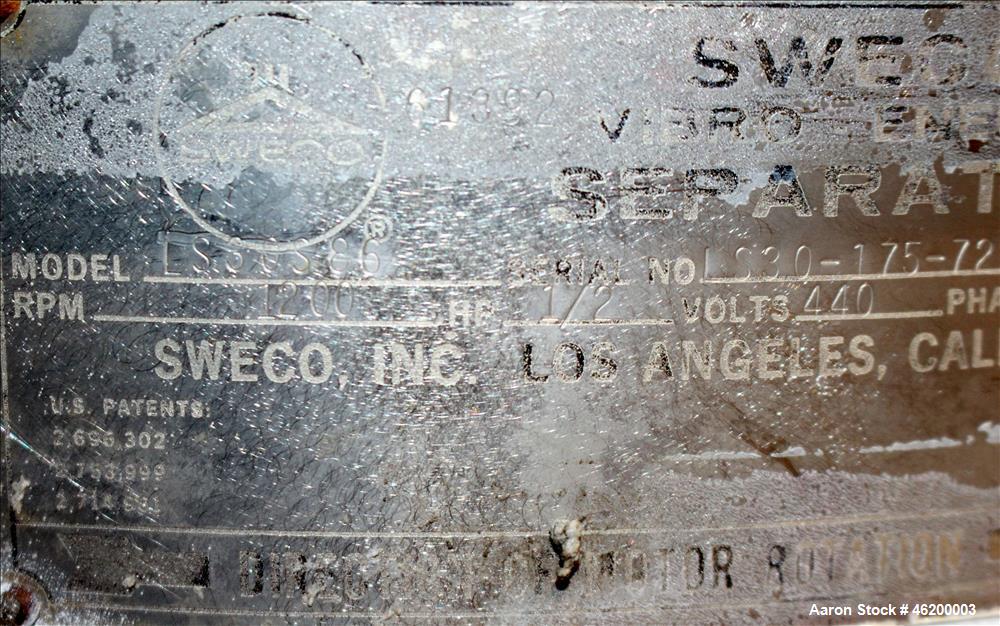 Used Sweco Screener, Model LS30S86, 316 Stainless Steel. 30" Diameter, double deck, 3 separation. No top cover. Driven by a 1/2hp, 3/60/440 volt, 1140 rpm motor. Mounted on a carbon steel base. Seria...
