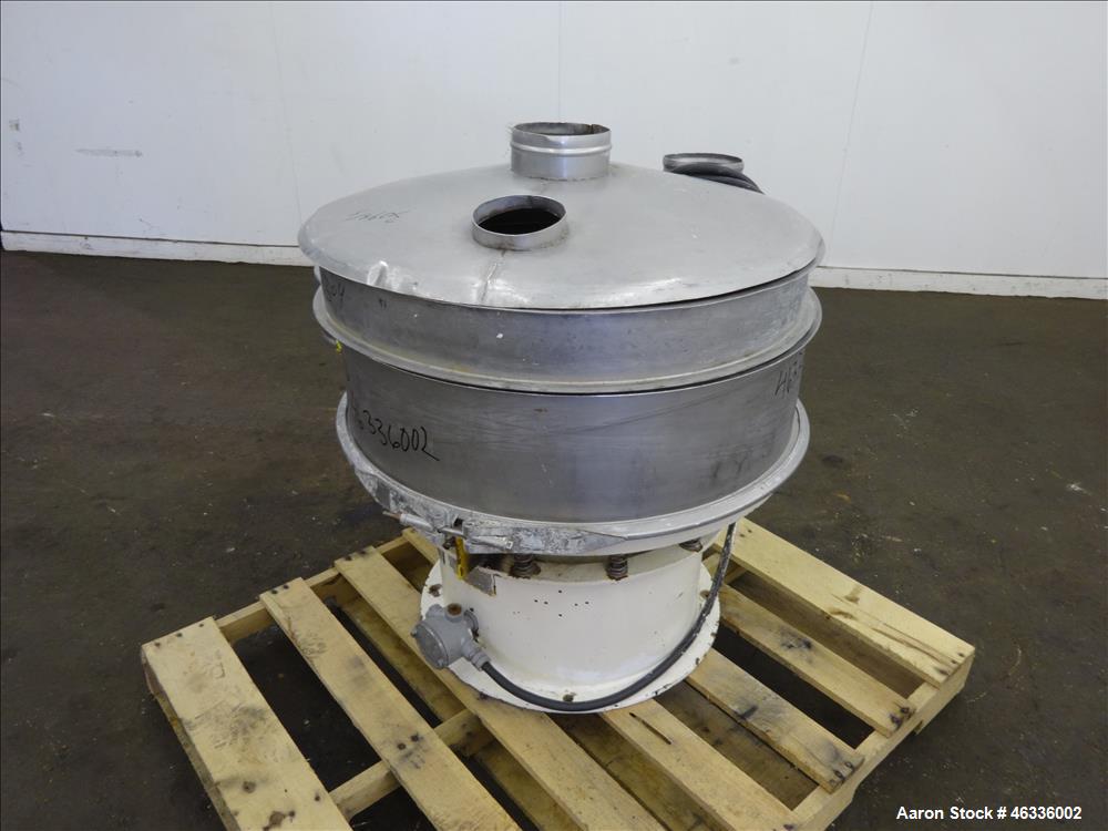 Used Sweco Screener, Model LS30S84, 304 and 316 Stainless Steel. 30" Diameter, Single Deck, 2 separation with top cover. Driven by a 1/2 hp, 3/60/230-460 volt/1140 rpm motor. Mounted on carbon steel ...