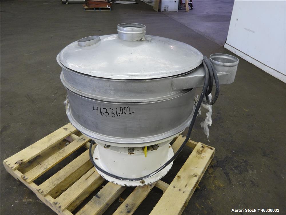 Used Sweco Screener, Model LS30S84, 304 and 316 Stainless Steel. 30" Diameter, Single Deck, 2 separation with top cover. Driven by a 1/2 hp, 3/60/230-460 volt/1140 rpm motor. Mounted on carbon steel ...