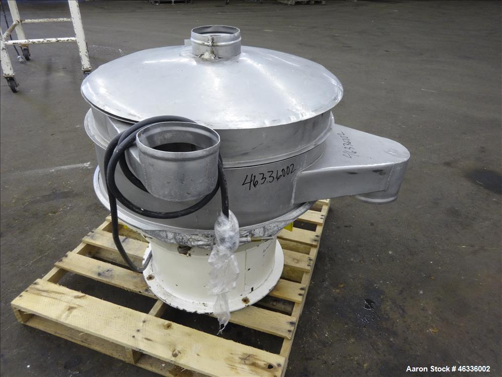 Used Sweco Screener, Model LS30S84, 304 and 316 Stainless Steel. 30" Diameter, Single Deck, 2 separation with top cover. Driven by a 1/2 hp, 3/60/230-460 volt/1140 rpm motor. Mounted on carbon steel ...