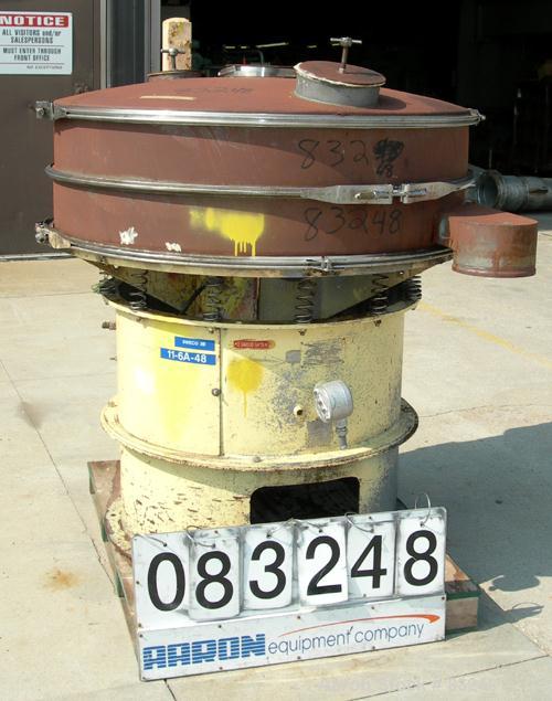 Used Sweco Screener, Model LS48C880, Carbon Steel. 48" Diameter, single deck, 2 separation, includes top cover. Driven by a 2 hp, 3/60/208-220/440 volt, 1120 rpm motor. Mounted on a carbon steel base.