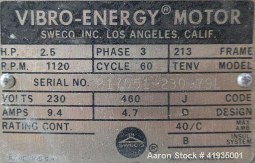 Used Sweco Vibro-Energy Separator, Model LS48S6666, 316 Stainless Steel. 48" diameter, 3 deck, 4 separation. Stainless steel top cover. Driven by a 2-1/2 hp, 3/60/230/460 volt, 1120 rpm motor. Mounte...