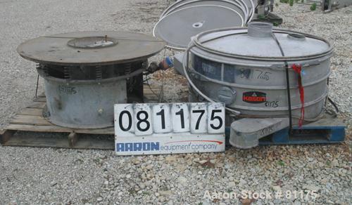 Used Sweco Screener, Model LS48S6666. 304 Stainless Steel. 48" diameter, double deck, 3 separation, with top cover. Driven by a  2 HP, 3/60/220 Volt, 1160 RPM motor. Mounts on a carbon steel base.