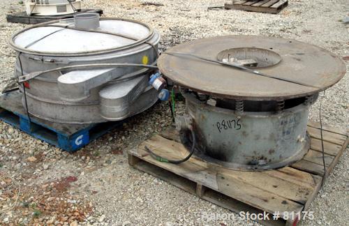 Used Sweco Screener, Model LS48S6666. 304 Stainless Steel. 48" diameter, double deck, 3 separation, with top cover. Driven by a  2 HP, 3/60/220 Volt, 1160 RPM motor. Mounts on a carbon steel base.