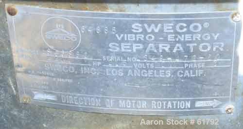 Used Sweco Screener, Model LS48S86, Stainless Steel. 48'' Diameter, single deck. 2.5 hp, 230/460/1200. Mounted on carbon steel base, 24" high.