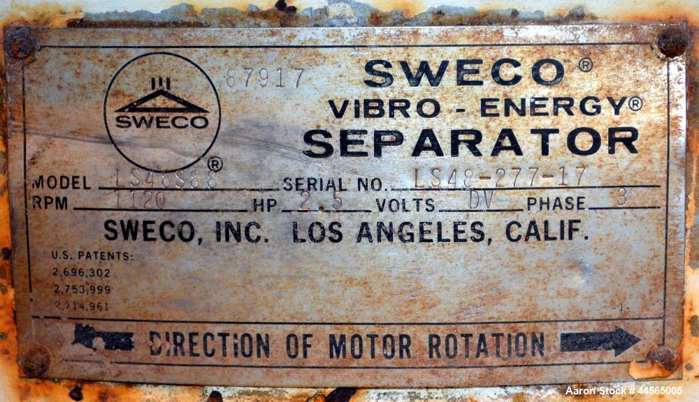 Used Sweco Screener, Model LS48S88, 304 Stainless Steel. 48" Diameter, single deck, 2 separation, no top cover. Driven by a 2.5hp, 3/60/230/460 volt, 1120 rpm motor. Mounted on a carbon steel base wi...