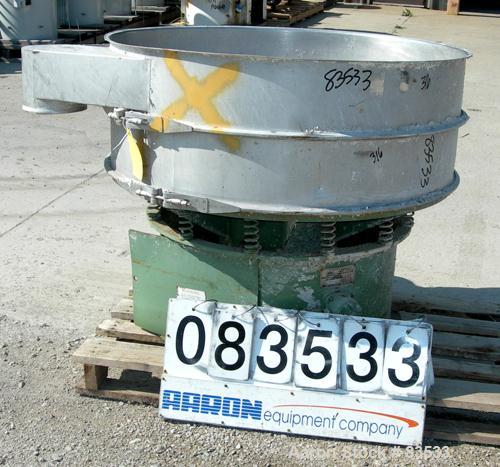 USED: Sweco screener, model LS48S88, 316 stainless steel. 48" diameter, single deck, 2 separation, no top cover. Driven by a 2.5 hp, 3/60 230/460 volt motor. Mounted on a carbon steel base.