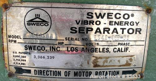 USED: Sweco screener, model LS48S88, 316 stainless steel. 48" diameter, single deck, 2 separation, no top cover. Driven by a 2.5 hp, 3/60 230/460 volt motor. Mounted on a carbon steel base.