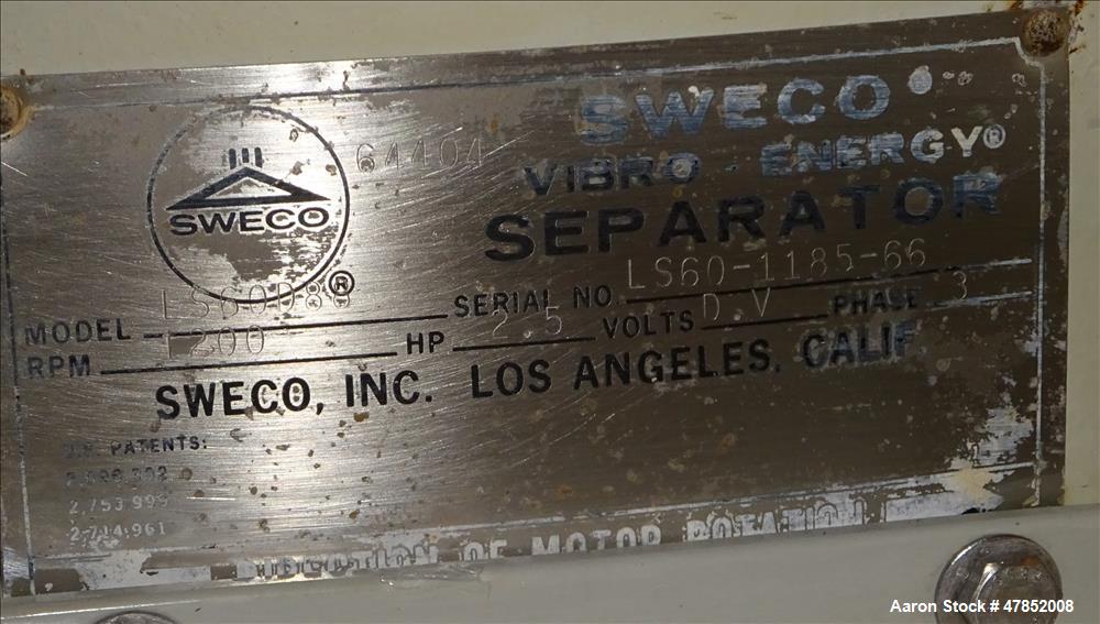 Used Sweco 60" Vibro Energy Separator, Model LS60-D88, 304 Stainless Steel.