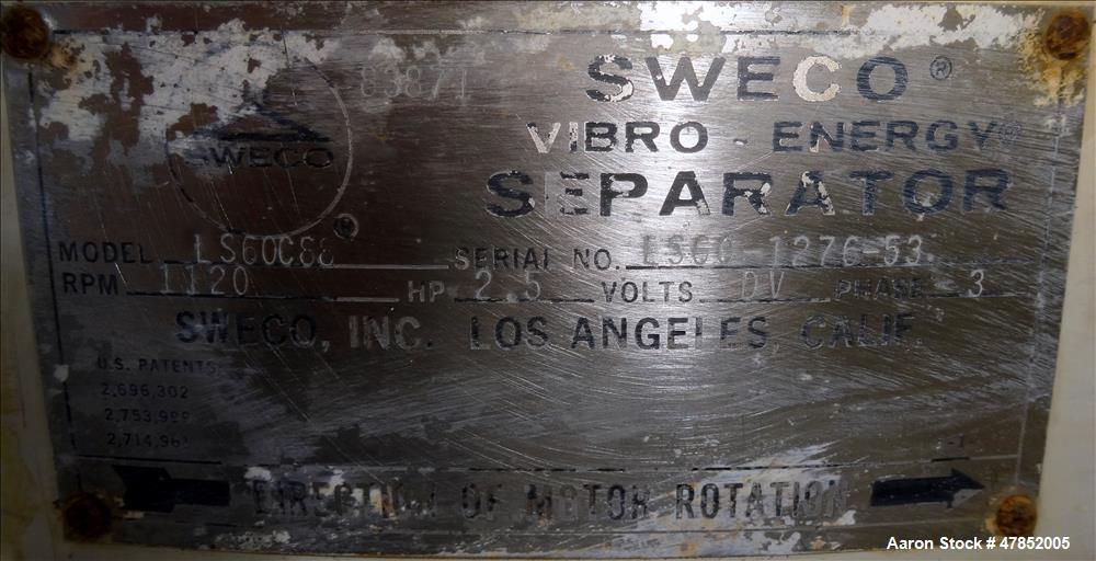 Used Sweco 60" Vibro Energy Separator, Model LS60CCC, Stainless Steel.