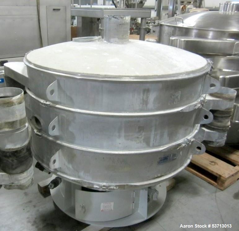 Used Sweco 60" Diameter Screener, Model LS60S101010108, Stainless Steel. Triple deck, 4 separation. Includes top cover. Driven by a 5hp, 3/60/230Volt,1120 rpm motor. Mounted on a painted carbon steel...