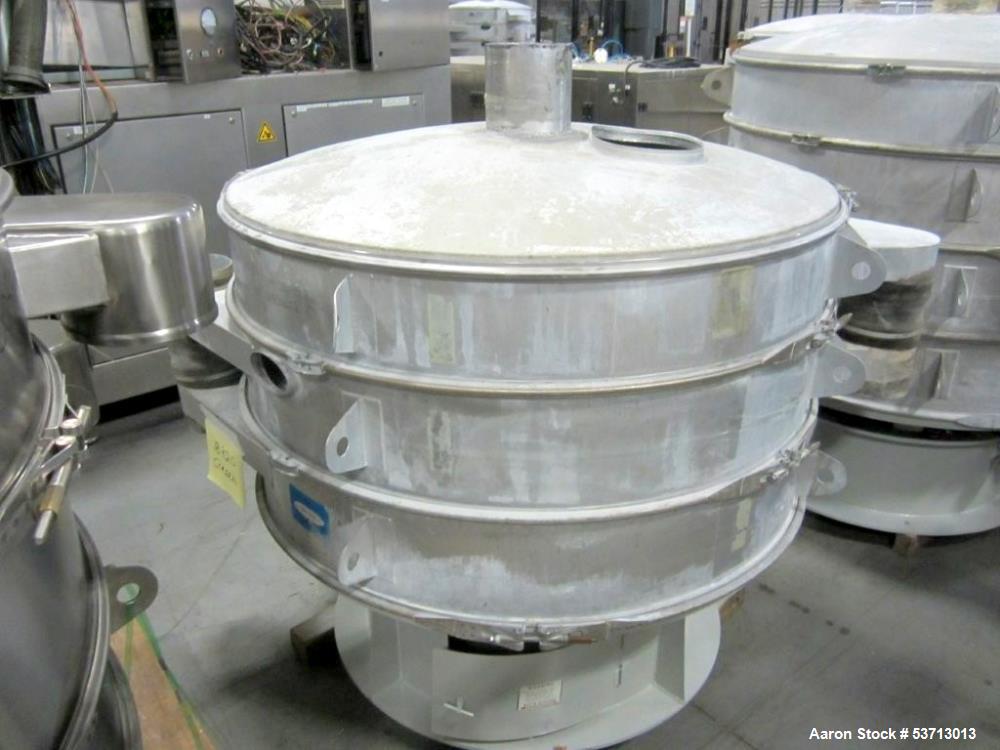 Used Sweco 60" Diameter Screener, Model LS60S101010108, Stainless Steel. Triple deck, 4 separation. Includes top cover. Driven by a 5hp, 3/60/230Volt,1120 rpm motor. Mounted on a painted carbon steel...