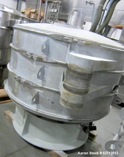 Used Sweco 60" Diameter Screener, Model LS60S101010108, Stainless Steel. Triple deck, 4 separation. Includes top cover. Driven by a 5hp, 3/60/230Volt,1120 rpm motor. Mounted on a painted carbon steel...