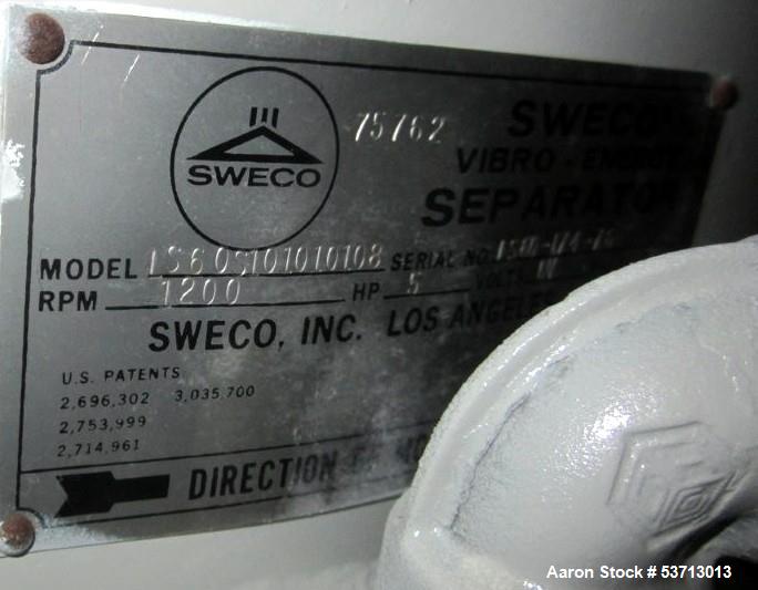Used Sweco 60" Diameter Screener, Model LS60S101010108, Stainless Steel. Triple deck, 4 separation. Includes top cover. Driven by a 5hp, 3/60/230Volt,1120 rpm motor. Mounted on a painted carbon steel...