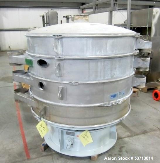 Used Sweco 60" Diameter Screener, Model LS60S101010108, Stainless Steel. Triple deck, 4 separation. Includes top cover. Driven by a 5hp, 3/60/230Volt,1120 rpm motor. Mounted on a painted carbon steel...