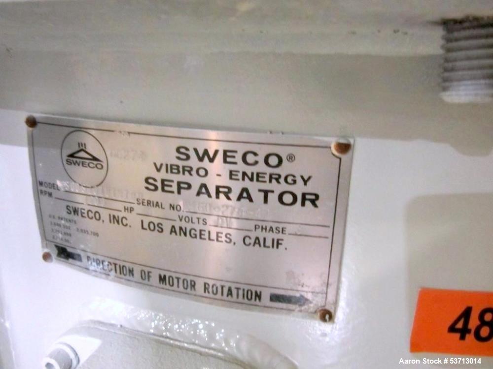 Used Sweco 60" Diameter Screener, Model LS60S101010108, Stainless Steel. Triple deck, 4 separation. Includes top cover. Driven by a 5hp, 3/60/230Volt,1120 rpm motor. Mounted on a painted carbon steel...
