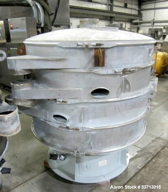 Used Sweco 60" Diameter Screener, Model LS60S101010108, Stainless Steel. Triple deck, 4 separation. Includes top cover. Driven by a 5hp, 3/60/230Volt,1120 rpm motor. Mounted on a painted carbon steel...
