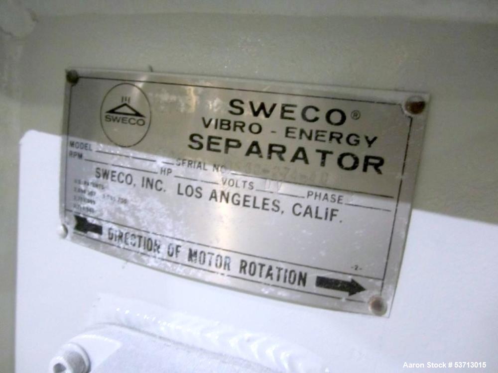 Used Sweco 60" Diameter Screener, Model LS60S101010108, Stainless Steel. Triple deck, 4 separation. Includes top cover. Driven by a 5hp, 3/60/230Volt,1120 rpm motor. Mounted on a painted carbon steel...