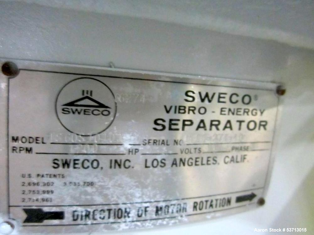 Used Sweco 60" Diameter Screener, Model LS60S101010108, Stainless Steel. Triple deck, 4 separation. Includes top cover. Driven by a 5hp, 3/60/230Volt,1120 rpm motor. Mounted on a painted carbon steel...