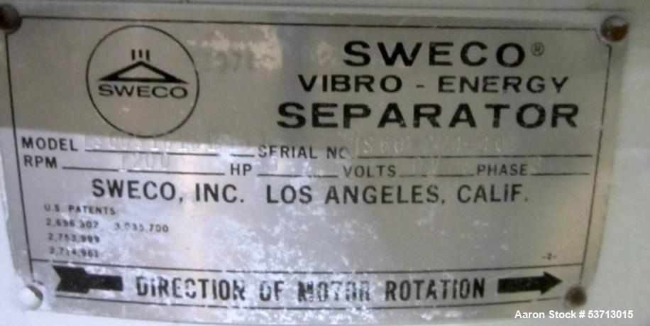 Used Sweco 60" Diameter Screener, Model LS60S101010108, Stainless Steel. Triple deck, 4 separation. Includes top cover. Driven by a 5hp, 3/60/230Volt,1120 rpm motor. Mounted on a painted carbon steel...