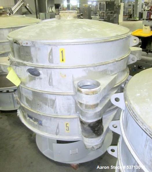 Used Sweco 60" Diameter Screener, Model LS60S101010108, Stainless Steel. Triple deck, 4 separation. Includes top cover. Driven by a 5hp, 3/60/230Volt,1120 rpm motor. Mounted on a painted carbon steel...