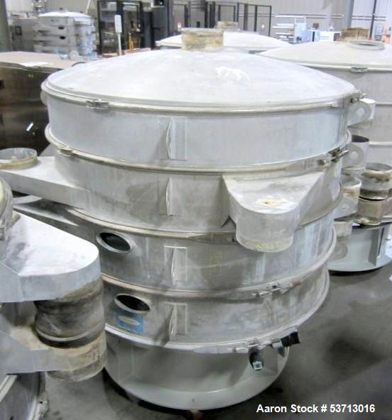 Used Sweco 60" Diameter Screener, Model LS60S101010108, Stainless Steel. Triple deck, 4 separation. Includes top cover. Driven by a 5hp, 3/60/230Volt,1120 rpm motor. Mounted on a painted carbon steel...
