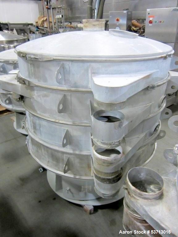 Used Sweco 60" Diameter Screener, Model LS60S101010108, Stainless Steel. Triple deck, 4 separation. Includes top cover. Driven by a 5hp, 3/60/230Volt,1120 rpm motor. Mounted on a painted carbon steel...