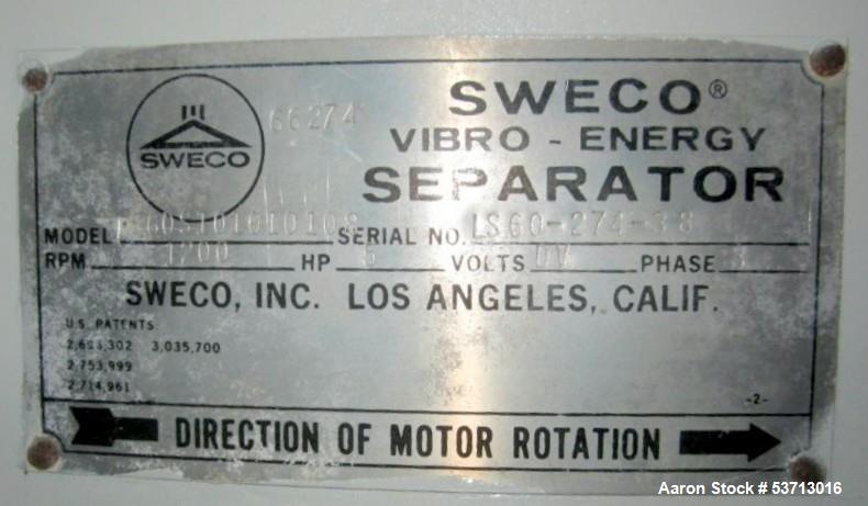 Used Sweco 60" Diameter Screener, Model LS60S101010108, Stainless Steel. Triple deck, 4 separation. Includes top cover. Driven by a 5hp, 3/60/230Volt,1120 rpm motor. Mounted on a painted carbon steel...
