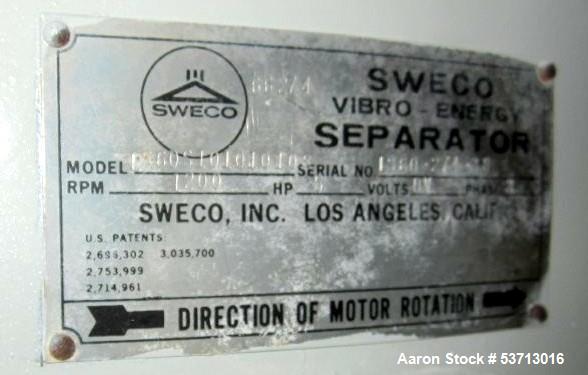 Used Sweco 60" Diameter Screener, Model LS60S101010108, Stainless Steel. Triple deck, 4 separation. Includes top cover. Driven by a 5hp, 3/60/230Volt,1120 rpm motor. Mounted on a painted carbon steel...