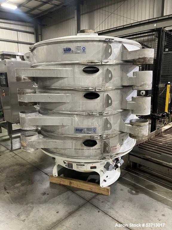 Used Sweco 60" Diameter Screener, Model LS60S101010108, Stainless Steel. Triple deck, 4 separation. Includes top cover. Driven by a 5hp, 3/60/230Volt,1120 rpm motor. Mounted on a painted carbon steel...