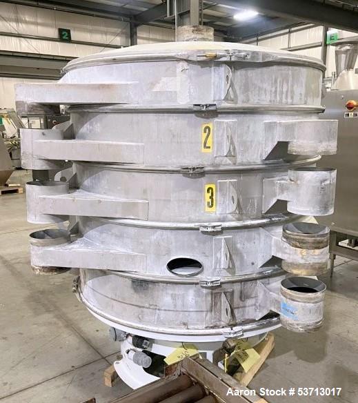Used Sweco 60" Diameter Screener, Model LS60S101010108, Stainless Steel. Triple deck, 4 separation. Includes top cover. Driven by a 5hp, 3/60/230Volt,1120 rpm motor. Mounted on a painted carbon steel...