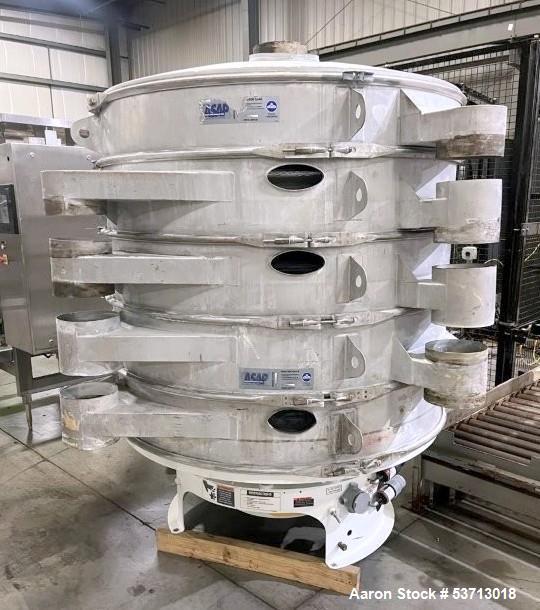 Used Sweco 60" Diameter Screener, Model LS60S101010108, Stainless Steel. Triple deck, 4 separation. Includes top cover. Driven by a 5hp, 3/60/230Volt,1120 rpm motor. Mounted on a painted carbon steel...