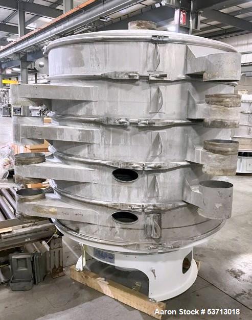 Used Sweco 60" Diameter Screener, Model LS60S101010108, Stainless Steel. Triple deck, 4 separation. Includes top cover. Driven by a 5hp, 3/60/230Volt,1120 rpm motor. Mounted on a painted carbon steel...
