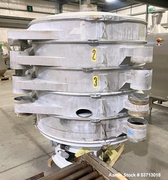 Used Sweco 60" Diameter Screener, Model LS60S101010108, Stainless Steel. Triple deck, 4 separation. Includes top cover. Driven by a 5hp, 3/60/230Volt,1120 rpm motor. Mounted on a painted carbon steel...