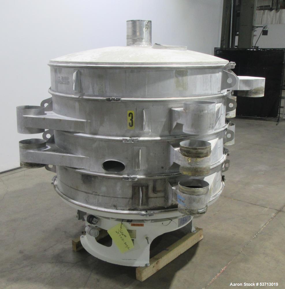 Used Sweco 60" Diameter Screener, Model LS60S101010108, Stainless Steel. Triple deck, 4 separation. Includes top cover. Driven by a 5hp, 3/60/230Volt,1120 rpm motor. Mounted on a painted carbon steel...