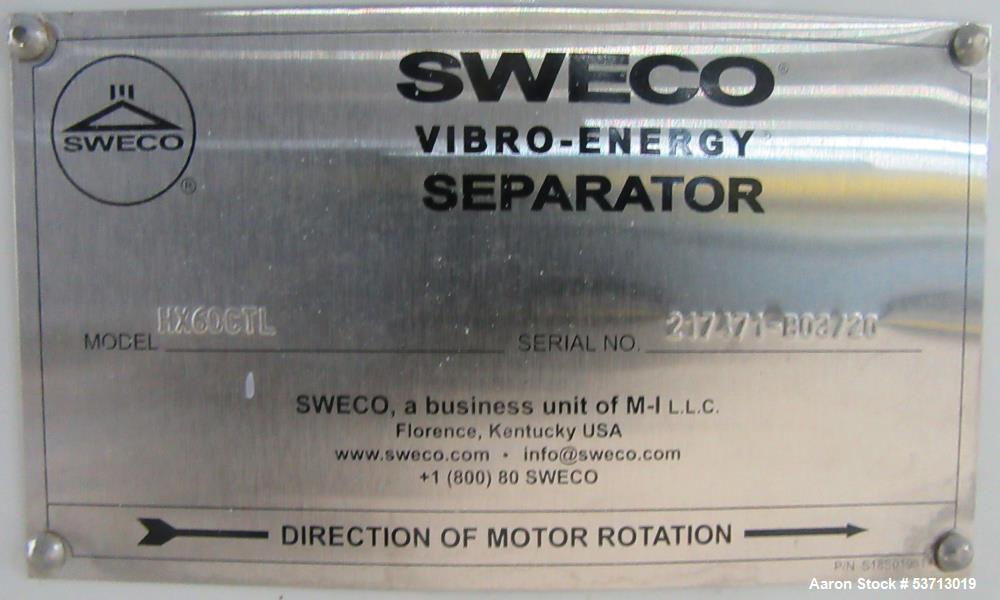 Used Sweco 60" Diameter Screener, Model LS60S101010108, Stainless Steel. Triple deck, 4 separation. Includes top cover. Driven by a 5hp, 3/60/230Volt,1120 rpm motor. Mounted on a painted carbon steel...
