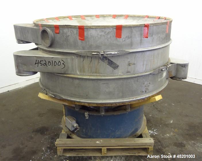 Used Sweco Screener, Model LS60S88, 304 Stainless Steel. 60" Diameter, double deck, 3 separation, no top cover. Driven by a 2.5hp, 3/60/220/440 volt, 1200 rpm motor. Mounted on a carbon steel base.