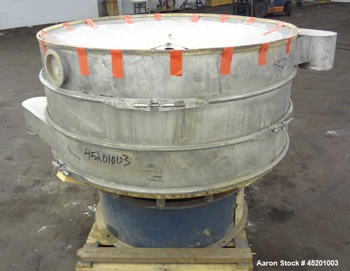 Used Sweco Screener, Model LS60S88, 304 Stainless Steel. 60" Diameter, double deck, 3 separation, no top cover. Driven by a 2.5hp, 3/60/220/440 volt, 1200 rpm motor. Mounted on a carbon steel base.