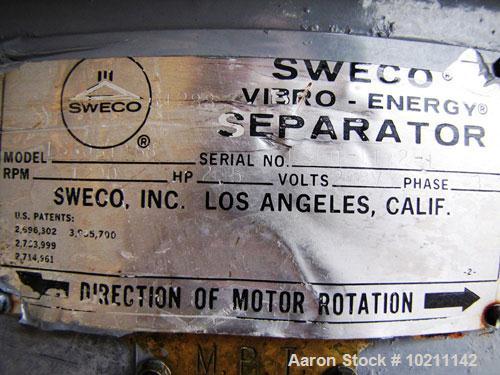 Used-Sweco Screener, Model LS60.  Stainless steel, single deck, 2 separation with top cover.  Driven by a 2-1/2 hp, 3/60/230...