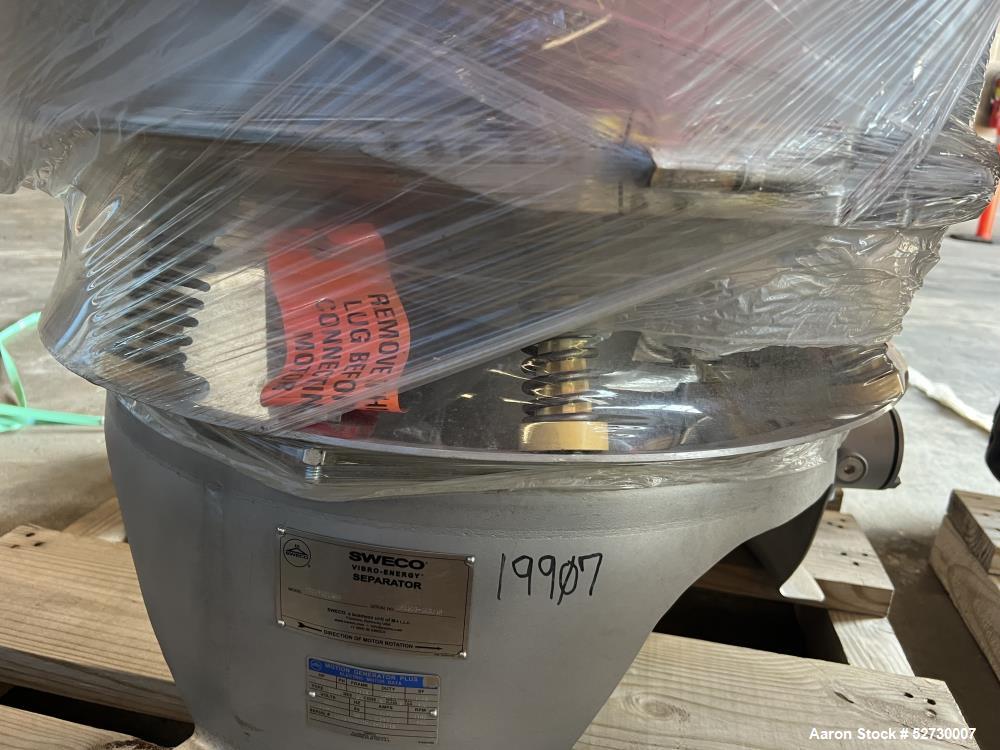Unused Sweco 30" Diameter Screener, Model MX30Y66LKSD, 316 Stainless Steel.  Single deck, 2 separation.  Driven by a .5 HP, 1160 RPM, 460 Volt, 3-Phase, 60Hz motor.  Serial # 192673-A03/19.