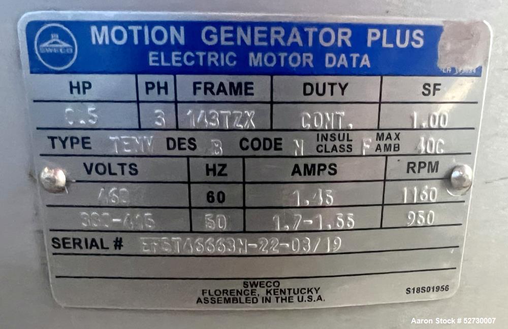 Unused Sweco 30" Diameter Screener, Model MX30Y66LKSD, 316 Stainless Steel.  Single deck, 2 separation.  Driven by a .5 HP, 1160 RPM, 460 Volt, 3-Phase, 60Hz motor.  Serial # 192673-A03/19.